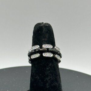 Stylish Women's Black Onyx Silver Ring with CZ Accents, Size 7